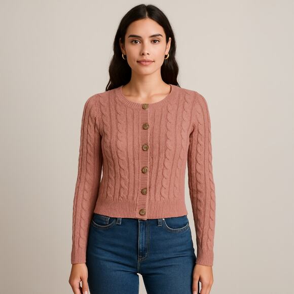 A303 • Cable Knit Button-Front Cropped Cardigan - Picture 1 of 4